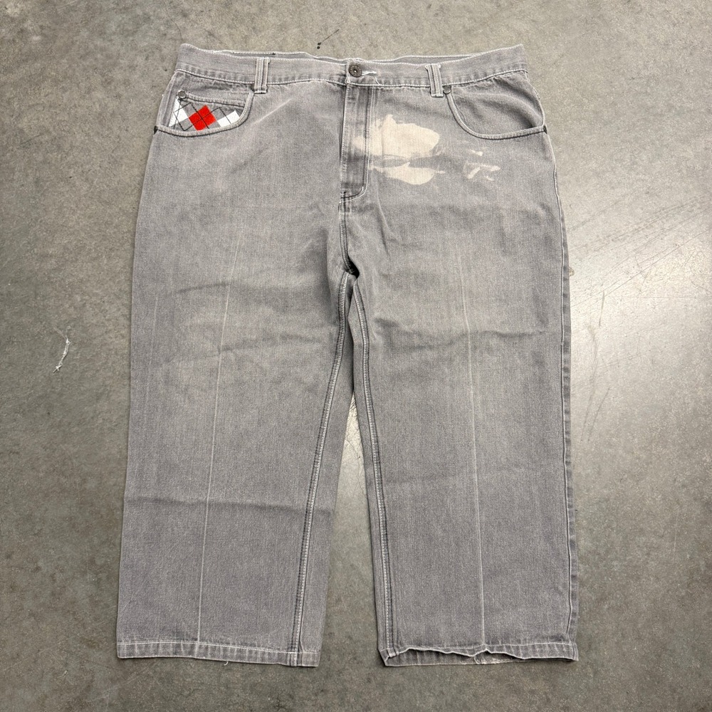 Red Ape Mens Gray Argyle Embroidered Wide Leg Denim Jeans 48x32 Shortened
